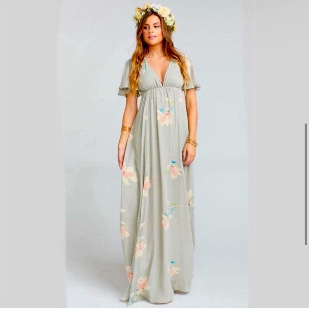 Show Me Your Mumu SMYM gray floral Faye flutter maxi Dress Lily showers XXS